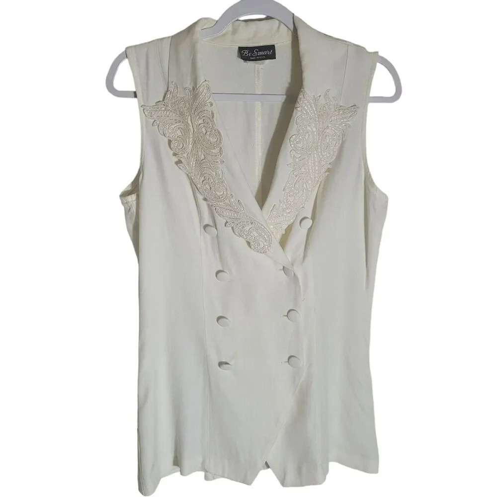 Vintage Be Smart Vest Women's Size‎ Medium Ivory Lace Accent Double Breast Fairy